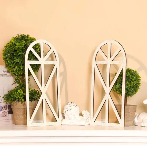 Vista 6 de Yulejo 2 paquetes de 15.16 x 7.7 pulgadas, marco de madera rústica para ventana, arco de catedral de madera, decoración de pared, marco