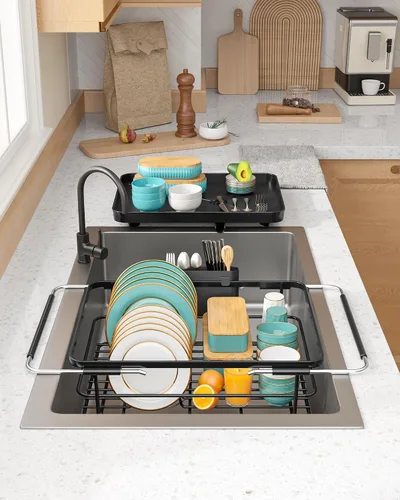 Vista 6 de Sakugi - Estante extensible para secar platos sobre el fregadero con escurridor de platos, organización del fregadero y elementos esenciales