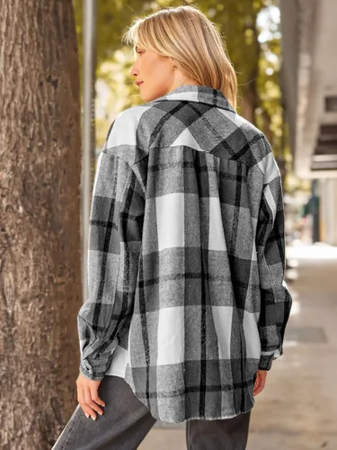 Vista 4 de AUTOMET Trajes de otoño para mujer, estilo casual, a cuadros, con botones, camisas de manga larga 2024