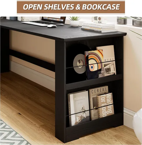 Vista 7 de FREDEES Escritorio en forma de L con soporte móvil y luces LED, escritorio de 59 pulgadas estilo granja para oficina en casa con cajón para Negro
