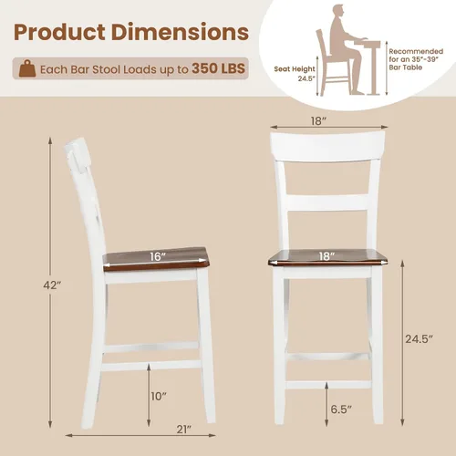 Vista 3 de Giantex Juego de 4 Taburetes de Bar de Madera de Altura de Mostrador, 24.5" Sillas de Bar de Comedor de Madera Estilo Granja con Marco de Madera