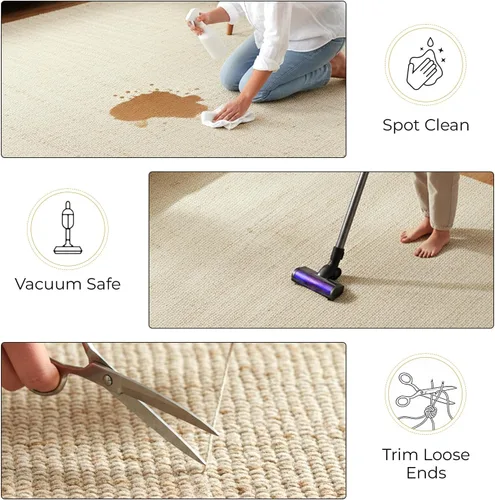 Vista 9 de GRUHUM Alfombra rectangular de algodón de yute de 2 x 3 pies, tejida a mano, natural, estilo granja bohemio para sala de estar, dormitorio, cocina