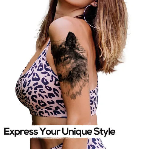 Vista 6 de Kotbs 6 hojas de tatuajes temporales de animales en 3D para mujeres y hombres, tatuajes realistas impermeables falsos con patrón de lobo y león