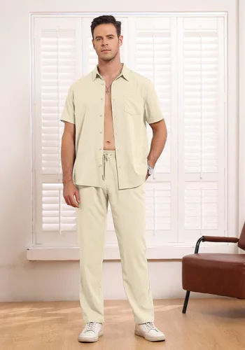 Vista 7 de Rdruko Conjunto de 2 piezas para hombre, para vacaciones en la playa, casual, verano, a juego