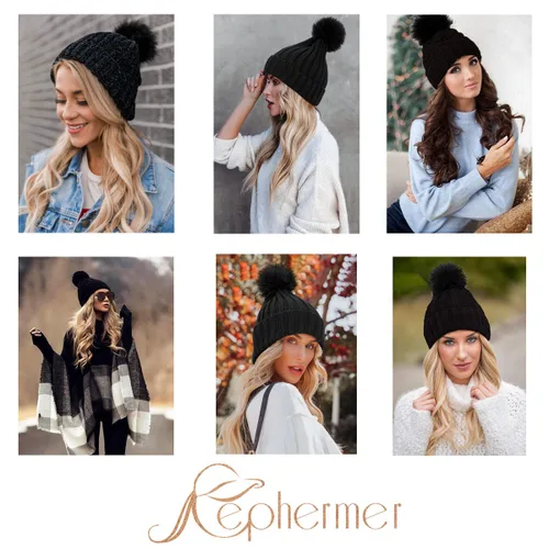 Vista 6 de Gorro para mujer con pelo adjunto, gorro de punto cálido con pompón unido de 14 pulgadas de largo, ondulado, extensiones de cabello rizado, postizo