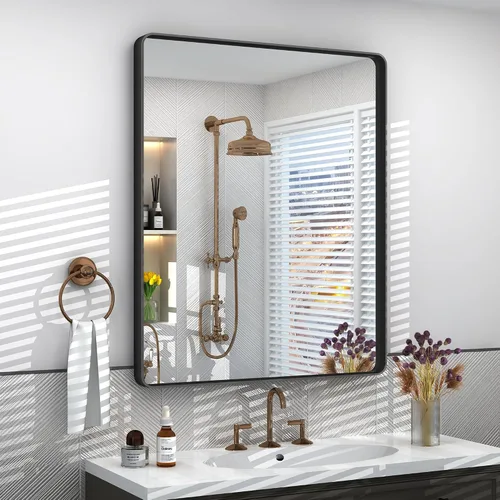 Vista 47 de Espejo rectangular para pared de baño de 20x30 pulgadas con marco negro mate, espejo de tocador con esquinas redondeadas, espejo de baño de metal
