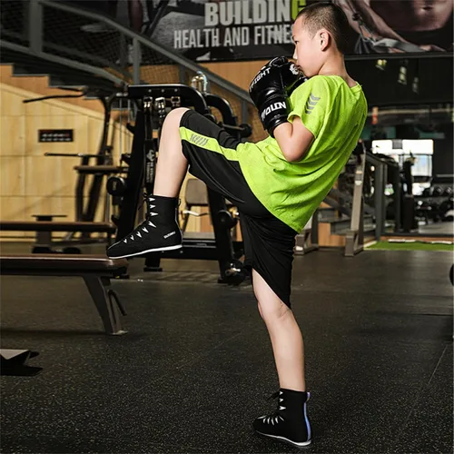 Vista 7 de JiuQing Zapatos de boxeo para niños y niñas, botas de entrenamiento de fitness, transpirables, antideslizantes, para lucha libre, sentadillas