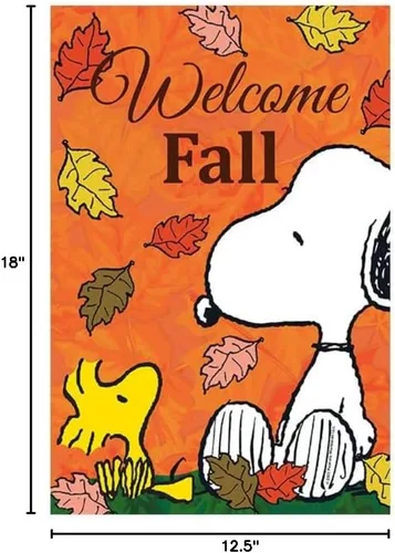 Vista 6 de Flagology, PEANUTS Falling Leaves Welcome Snoopy & Woodstock - Bandera de jardín de 12 x 18 pulgadas, bandera para exteriores, tela exclusiva