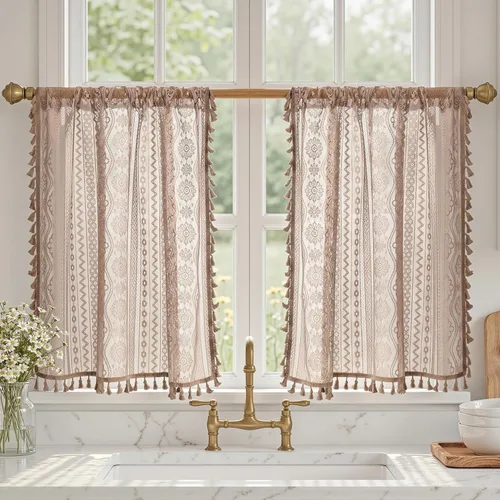 Vista 17 de MYSKY HOME Cortinas de encaje beige para puerta francesa de 40 pulgadas de largo, 2 paneles de cortinas florales bohemias transparentes para puerta