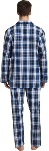 Vista 3 de GLOBAL Conjunto de pijama de 100 % algodón para hombre, pijama de manga larga con botones para hombre, ropa de dormir suave y cómoda
