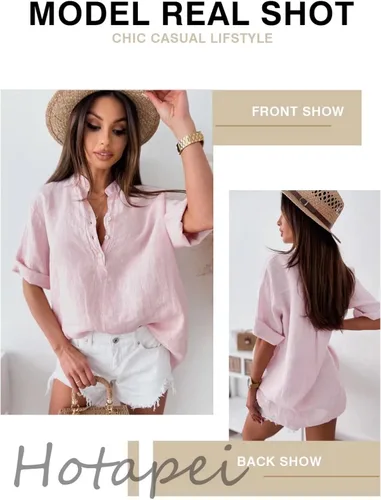 Vista 3 de HOTAPEI Blusas de verano para mujer estilo casual cuello en V manga corta con botones