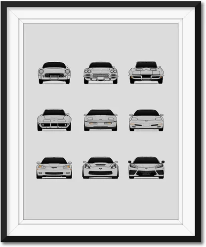 Vista 5 de Custom Car Posters Póster hecho a mano compatible con Chevy Corvette Generations - Arte de pared impreso para decoración de la evolución