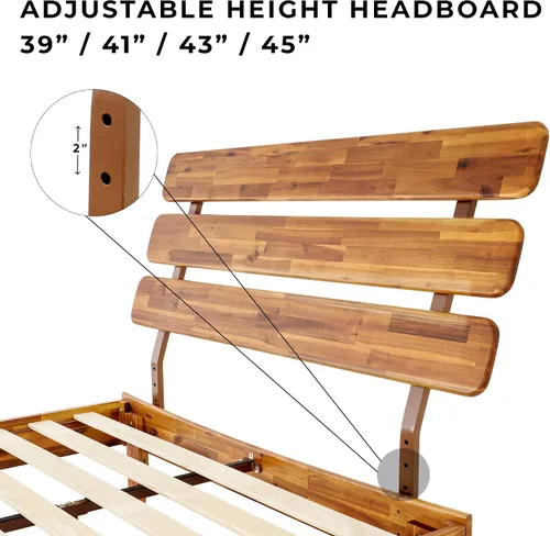 Vista 4 de Bme Caden Base de cama de lujo de 15 pulgadas con cabecera ajustable, estilo de mediados de siglo con madera de acacia, no necesita somier, soporte