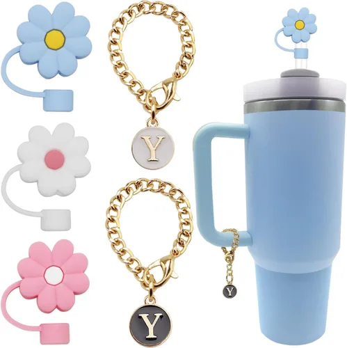 Vista 9 de ANDERSE Stanley - 3 tapas de popote para accesorios de copa Stanley de silicona con diseño de flores de 0.394 pulgadas, 2 piezas de dije de letra