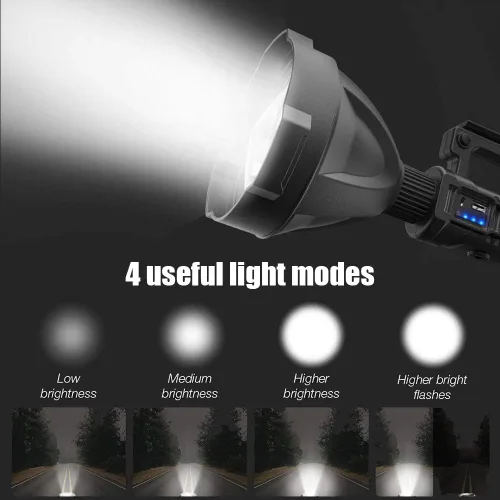 Vista 2 de Proyector recargable súper brillante, linterna táctica de mano, 4 modos, alta potencia, portátil, impermeable, reflector LED, salida USB, P50