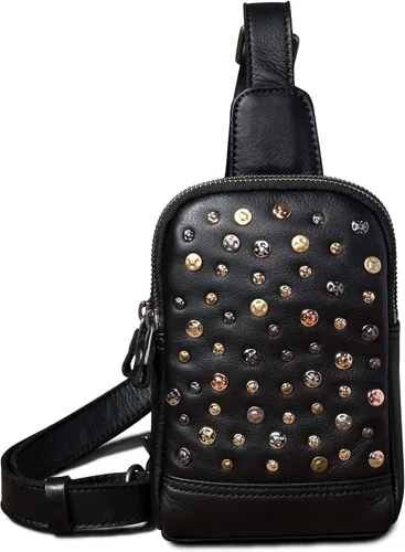 Vista 7 de CENUNCO Bolso bandolera de cuero genuino para mujer, bolso cruzado de cuero pequeño para teléfono, estilo remache, estilo remache, bolso negro