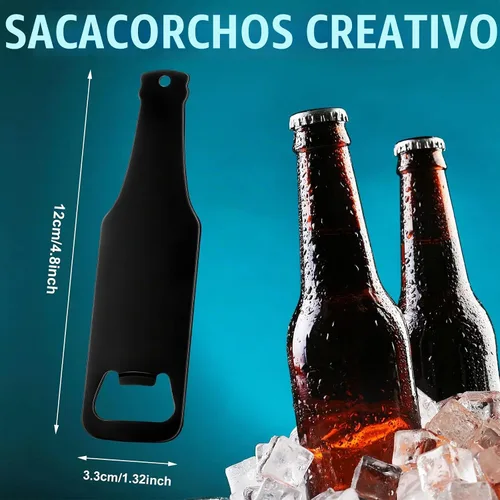 Vista 3 de Abrebotellas de acero inoxidable con forma de abrebotellas, abrelatas de cerveza negra, mango plano, abrebotellas de cerveza para el hogar, cocina