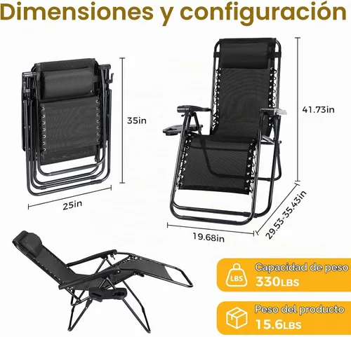 Vista 3 de NEWBULIG Juego de 2 sillas de gravedad cero, sillas reclinables plegables Negro