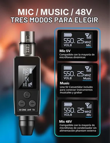Vista 3 de EBJ Sistema de micrófono inalámbrico UHF transmisor XLR inalámbrico y receptor para micrófonos dinámicos/capacitivos, fuente de alimentación Phantom