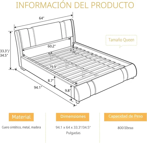 Vista 2 de SHA CERLIN Marco de Cama Queen Moderno de Cuero Sintético con Cabecera Ajustable y Detalles de Hierro, Cama Plataforma Tapizada de Lujo con Soporte