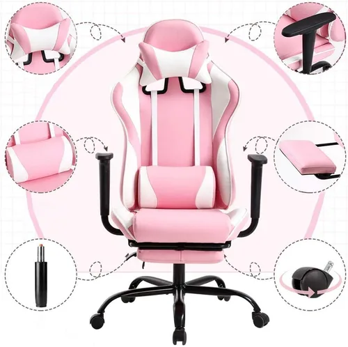 Vista 8 de Silla de oficina para videojuegos, silla de ordenador de respaldo alto, ergonómica para PC con soporte lumbar y reposapiés retráctil, de piel
