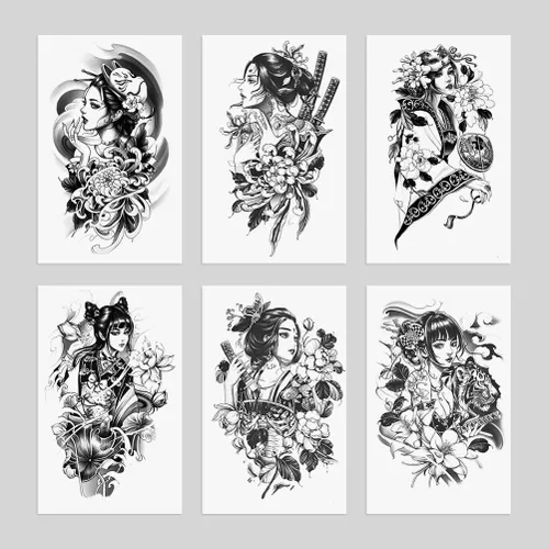 Vista 8 de 6 hojas de brazo falso impermeable cuerpo arte temporal tatuajes pegatinas negro japonés geisha samurai mujeres flor loto