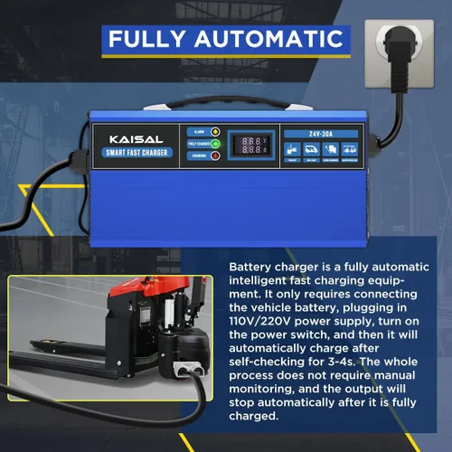 Vista 4 de Cargador de batería para carretilla elevadora 24V 30A Cargador inteligente de 24 voltios 900 W Pantalla LCD totalmente automática Pallet Jack
