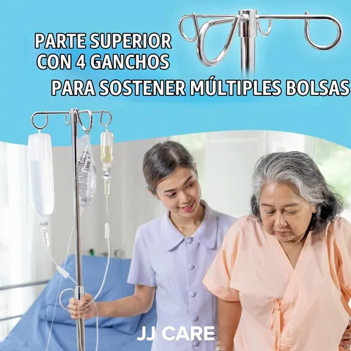 Vista 5 de Poste IV con ruedas [actualizado] 4 ganchos, 5 ruedas giratorias con función de bloqueo y altura ajustable - Base de plástico resistente IV soporte