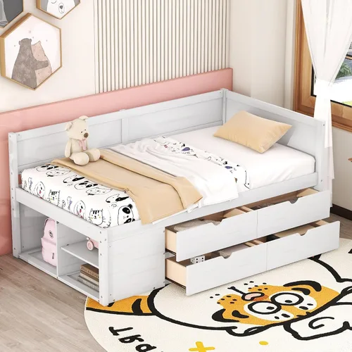 Vista 28 de Sofá cama de madera de tamaño matrimonial con 2 armarios de noche, estantes superiores y 4 cajones, marco de madera resistente, espacio de Marrón