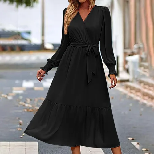 Vista 8 de Vestidos bohemios para mujer, vestido fiesta cóctel fluido gradas, puños ahumados, cuello en V, cintura con lazo