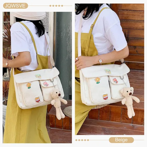 Vista 6 de Bolso cruzado de lona con pines Kawaii y colgante para mujeres y niñas, bolso bandolera casual para estudiantes