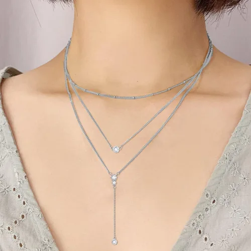 Vista 2 de Collar bohemio en capas de plata de ley triple 3 apilados barra vertical triangular collares largos en capas joyería de Navidad regalos para mujer