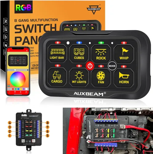 Vista 8 de Panel de interruptores Auxbeam de 6 bandas Bluetooth RGB AR-600 con modos de palanca momentáneos y pulsados, pod de interruptor multifuncional