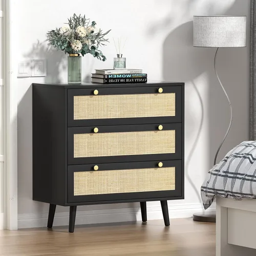 Vista 7 de Anmytek Juego de 2 cómodas negras con 3 cajones para dormitorio, cómoda moderna de madera con 3 cajones, cómoda negra con amplio almacenamiento