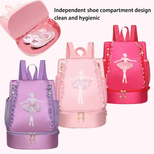 Vista 6 de Yitengteng Mochila de baile de ballet con compartimento separado para zapatos bolsa de bailarina para niñas pequeñas Rosado