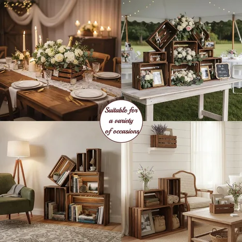 Vista 5 de Juego de 6 cajas decorativas de madera para exhibición, 6 tamaños, cestas de madera rústicas con asa para almacenamiento, contenedor, exhibición