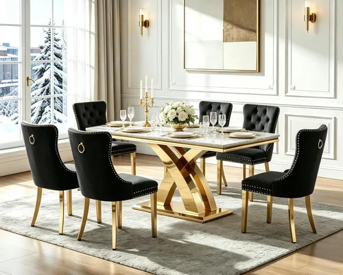 Vista 8 de Henf Mesa de comedor de mármol sintético de 68 pulgadas para 4-6 personas, mesa rectangular moderna con parte superior de mármol blanco y base