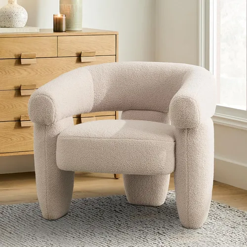 Vista 8 de Silla de barril moderna de mediados de siglo, tipo Accent, cómoda, tapizada, redonda, con diseño de montaje, sillón de salón de estilo Sherpa Boucle