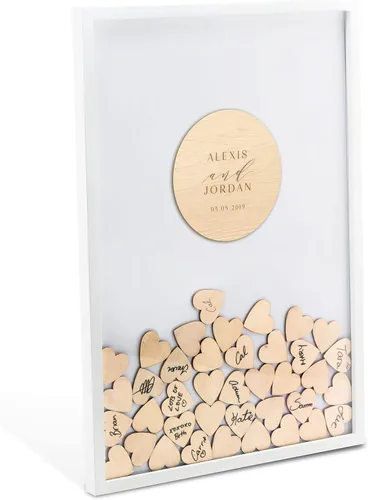 Vista 8 de WEDDINGSTAR Libro de invitados personalizado de madera con forma de corazón, inicial de corona de amor
