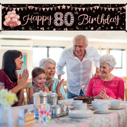 Vista 4 de Cartel de feliz cumpleaños número 80 para mujer, suministros de fiesta de cumpleaños de 80 años de color oro rosa, póster fotográfico