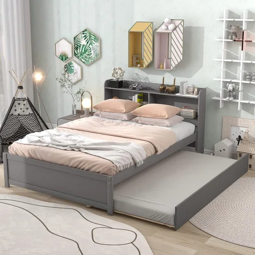 Vista 16 de Polibi Cama de plataforma de tamaño matrimonial con nido individual y estantería, cama de plataforma de almacenamiento de madera con cabecera