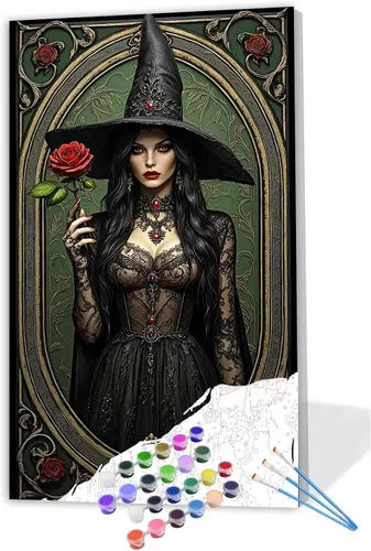 Vista 11 de Tucocoo Pintura de bruja por números para adultos y niños, rosas rojas, pintura en lienzo por números, pintura acrílica, manualidades, decoración