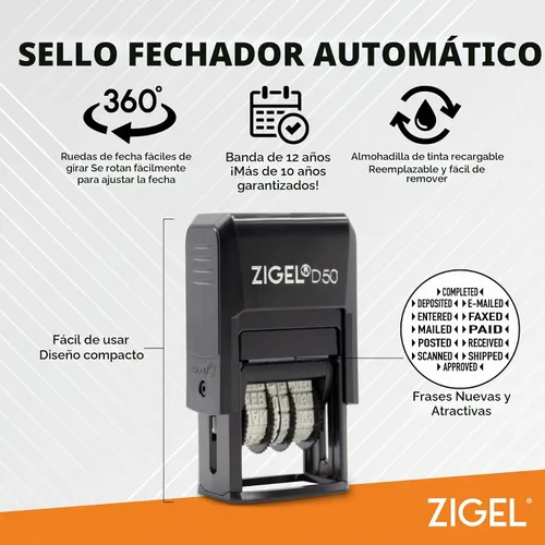 Vista 2 de ZIGEL Sello de Fecha D50 con Completado - Sello de Fecha Autoentintado - Negro
