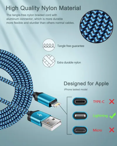 Vista 4 de AILKIN - Cargadores para iPhone con certificación MFI, cable Lightning trenzado de 6 pies de largo USB Wall Charger, Fast Charging Power Cord Plug