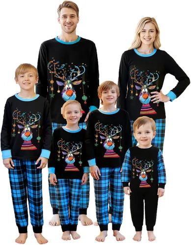 Vista 17 de Awoscut - Conjunto de pijamas navideños a juego, con estampado en la parte superior y pantalones a cuadros #B-7