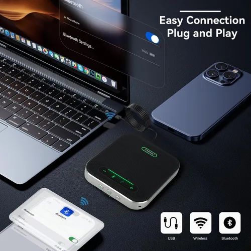 Vista 4 de TONGVEO Altavoz de conferencia Bluetooth con micrófono, AI Cancelación de ruido USB/Altavoz inalámbrico para PC, 4 micrófonos 360 ° de captación