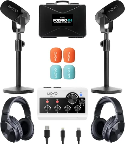 Vista 11 de Movo Paquete portátil de equipo de podcast para iPhone/teléfonos Android - Kit de podcast con interfaz de audio, 2 micrófonos dinámicos CastMic, 2