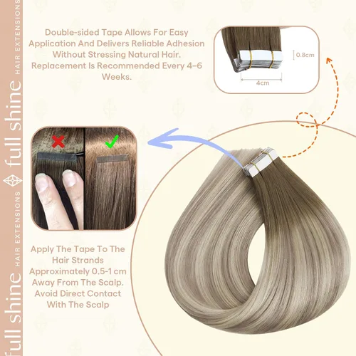 Vista 97 de Full Shine - Extensiones de cabello humano con cinta, mezcla de rubio hongo # 8 castaño ceniza resaltado 60 rubio ceniza