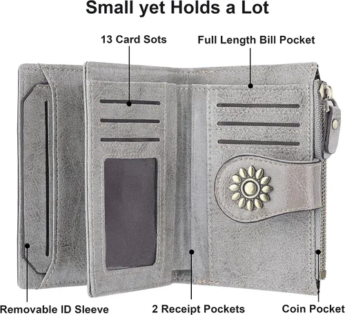 Vista 4 de Lavemi Cartera de cuero para mujer, pequeña, compacta, con bloqueo RFID, con bolsillo con cremallera