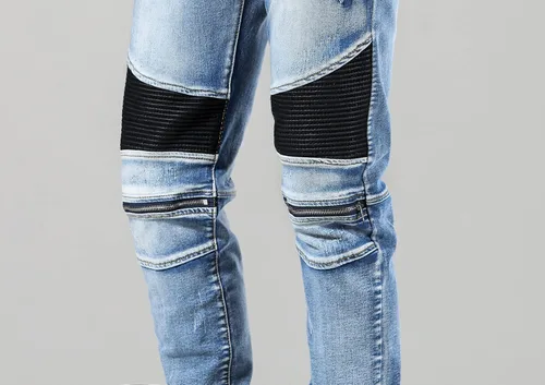 Vista 8 de Skinny Slim Fashion - Jeans elásticos de motociclista de Hip Hop con agujeros rectos rasgados.
